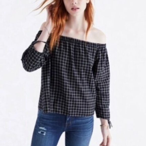 MADEWELL Windowpane plaid Off The Shoulder Top, S - Picture 1 of 11